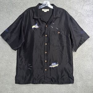 Hook‎ & Tackle Shirt Men's Sz L Black Embroidered Fish Button Up Short Sleeve